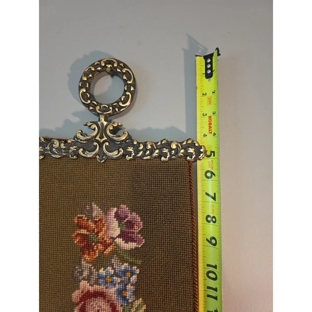 Vintage Embroidered Floral Tapestry Wall Decroative Hanging Brass Ends - 65